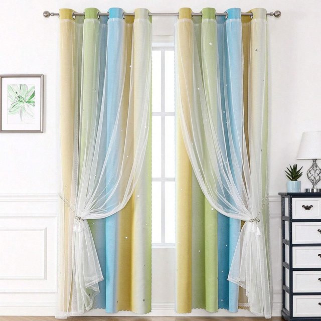 Yiran Furniture Rainbow Fade Doppelschichtvorhang in Morandi-Farben, lichtundurchlässiger Day-Night-Vorhang mit Ösen, B/H: 100 x 130 cm - Bild 1