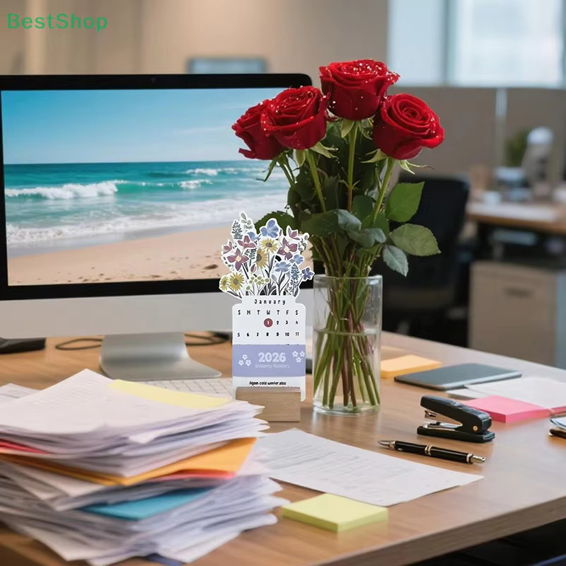 KOQZM Tischkalender 2026 mit Blumenmuster als Monatsplaner in Vasenform, Mehrfarbig - Bild 2