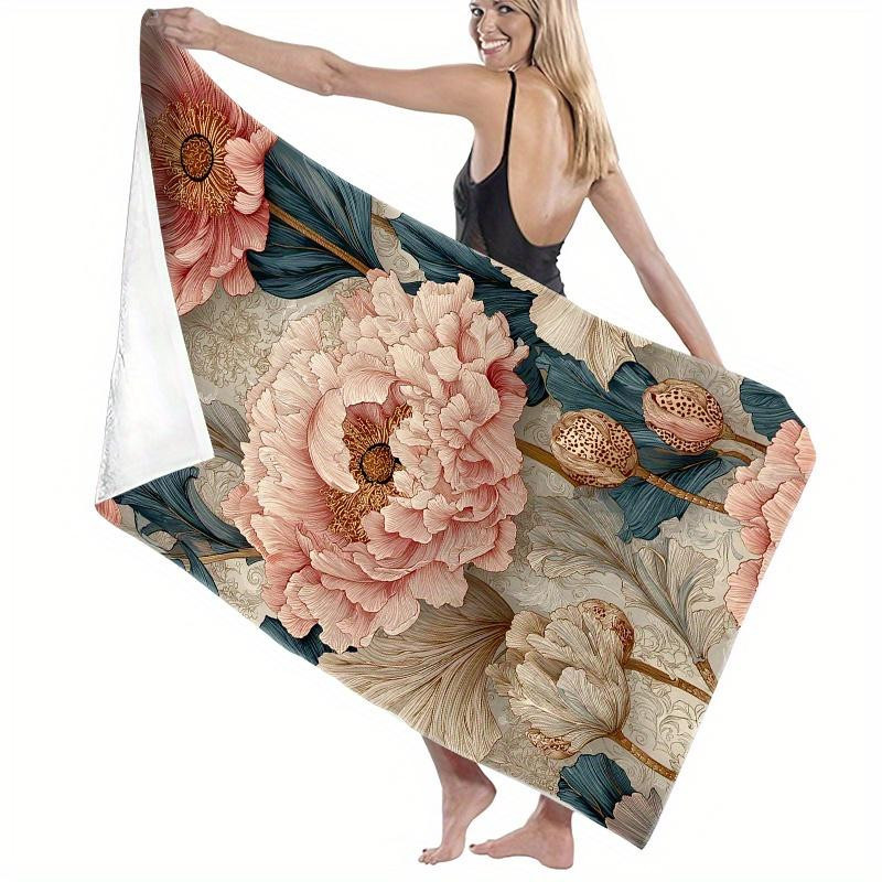 Extra großes Bade- und Strandtuch aus Mikrofaser mit floralem Pfingstrosen-Design in Rosa, Beige, Weiß und Grün, Breite: 40 cm, Höhe: 60 cm - Bild 4