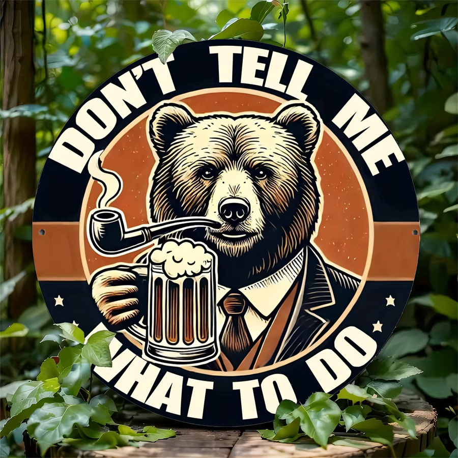 Vintage Wanddekoration Potdemiel mit Bär und Don't Tell Me What to Do Schriftzug, runde Metall-Wandgestaltung im Retro-Design, Mehrfarbig - Bild 4