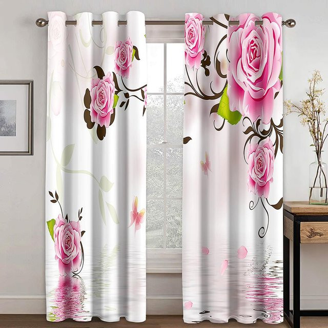 Super Six Romantische 3D-Rosen Vorhänge mit floralem Wasser-Druck, halbtransparent, Rot und Weiß, Breite: 100 cm, Höhe: 160 cm - Bild 1
