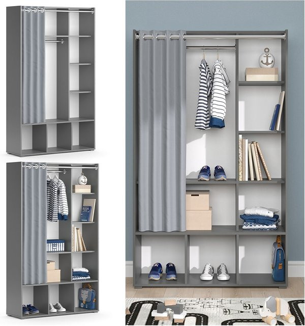 Vicco Kinderkleiderschrank Luigi Grau mit Vorhang und Regalen für Kinder- und Jugendzimmer B/H: 106 x 178 cm - Bild 1