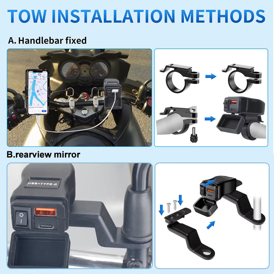 Pd qc 3.0 Motorrad USB Schnellladegerät 60W mit Dual USB Steckdose, Voltmeter und Schalter, Schwarz, Wasserdicht, 12V Adapter - Bild 3