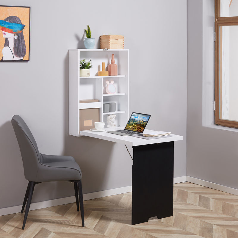 HOMCOM Wandtisch Klappschreibtisch mit 5 Fächern und Tafel in Weiß und Schwarz, B/T/H: 94,5 x 60 x 147 cm, platzsparend für dein Home Office - Bild 2
