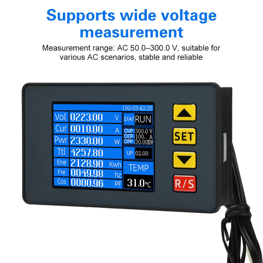 Voktta Multifunktions Monitor mit 2,4 Zoll Farbbildschirm zur Messung von Spannung, Strom und Leistung AC 50-300V inklusive externen geschlossenen Stromwandlern 100A in Schwarz - Bild 2