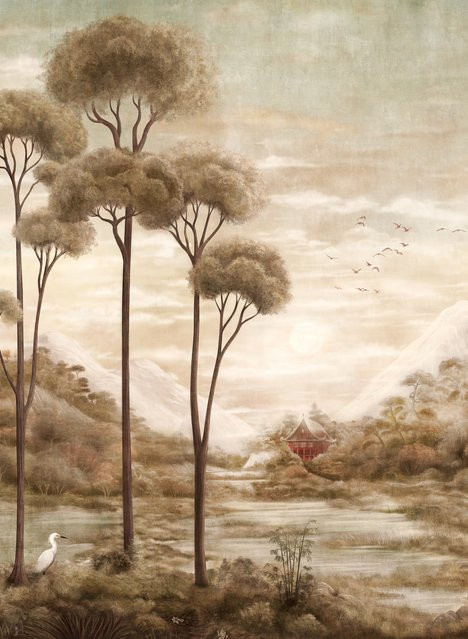 Coordonne Tapete Xi Hu Lake Chinoiserie Landschaft in Amber Braun/Beige aus Vlies - Bild 1