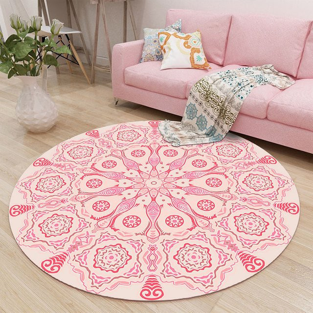 Runder Teppich in Rosa mit Boho-Ethno-Stil und geometrischem Blumen-Design für dein Wohnzimmer - Bild 1