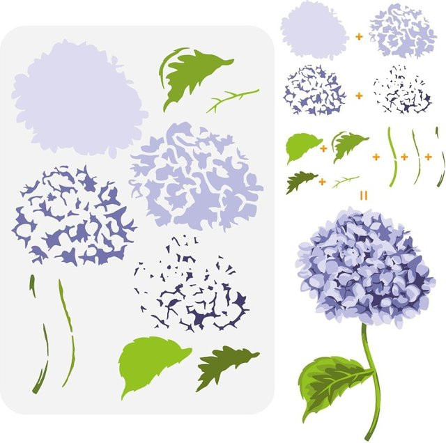 Malvorlage Hortensie mit Blumenmuster für DIY-Handwerk und Dekoration, B/H: 21,1 x 29,7 cm - Bild 1