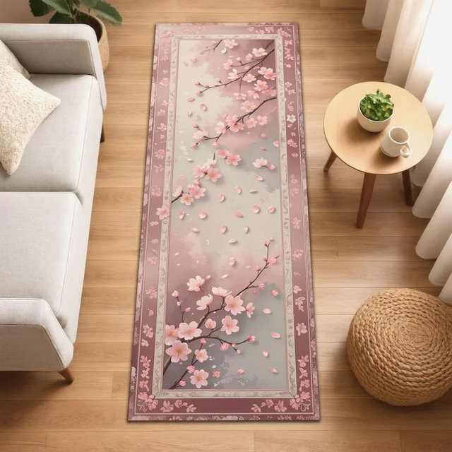 VIKAMA Japanischer Sakura-Läufer mit Kirschblüten-Design in Pastellrosa, weicher und saugfähiger Flurteppich im Japandi Zen-Stil, B/T: 120 x 120 cm - Bild 1