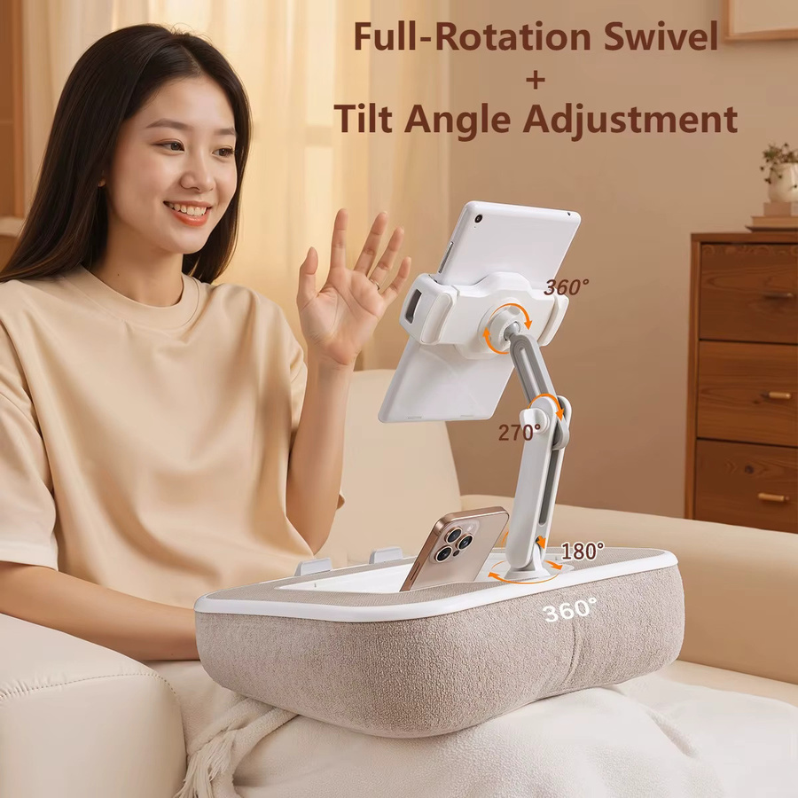 Oatsbasf Kissen-Tablet-Ständer mit Stauraum und 360 Grad drehbarem Clip für Handys, Tablets, Kindle und Laptops bis 15 Zoll in Beige - Bild 2