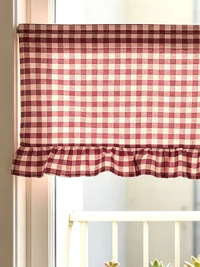 BUYNOW Kurzvorhang mit Volantkante, kariertes Stoffvorhang in Rot, semi-transparent, für Schlafzimmer und Küche - Bild 3
