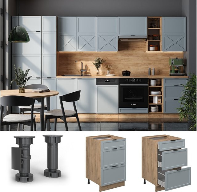 Vicco Schubladenunterschrank Fame-Line in Eiche mit Arbeitsplatte, Farbe Blau-Grau, Breite: 50 cm - Bild 1