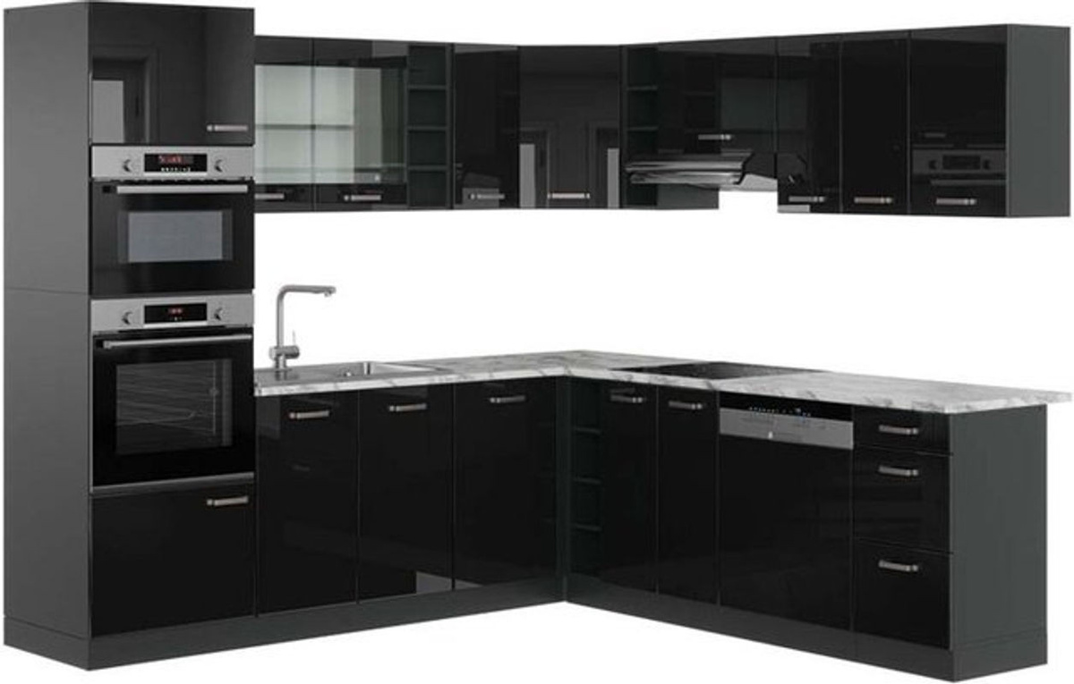 Vicco Eckküche R-Line in Schwarz Hochglanz und Anthrazit mit Marmor-Optik, Modernes Design, B/T/H: 237 x 247 cm - Bild 1