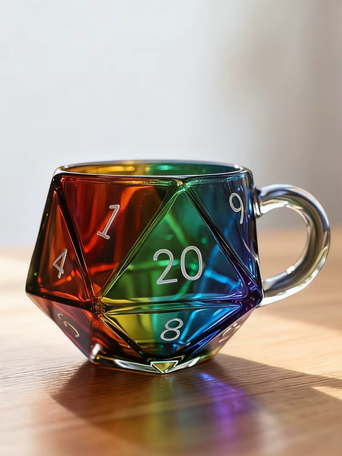 Shunmaii Regenbogen D20 Würfelbecher aus Glas, Transparenter Würfelbecher mit Henkel in Bunt/Mehrfarbig, Fantasy-Spielbecher mit geometrischem Design - Bild 6