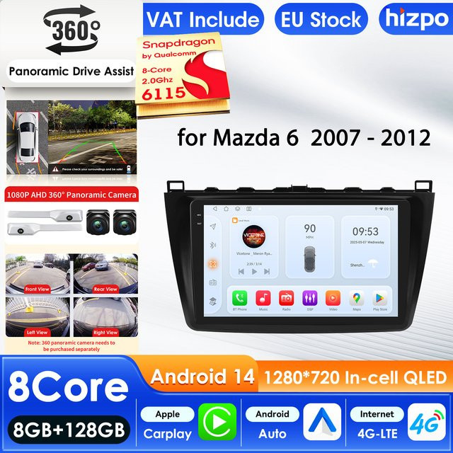 Hizpo Android 14 Auto-Multimediaplayer für Mazda 6 2007 - 2012 mit 9 Zoll QLED-Display, GPS, Carplay, 4G WIFI und 360 Grad Kamera in Schwarz - Bild 1
