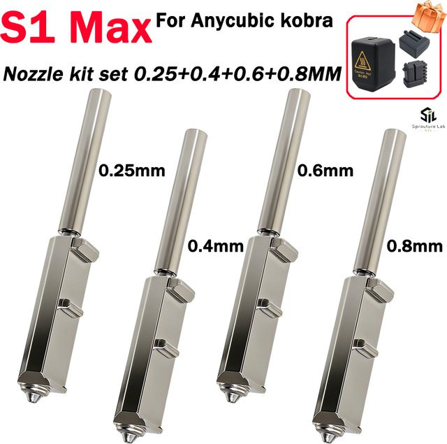 Anycubic Düsen-Set für Kobra S1 Max 3D-Drucker mit Ersatzdüsen in 0,25/0,4/0,6/0,8 mm, Düsenreiniger und Silikonhülle, Farbe: Silber - Bild 1