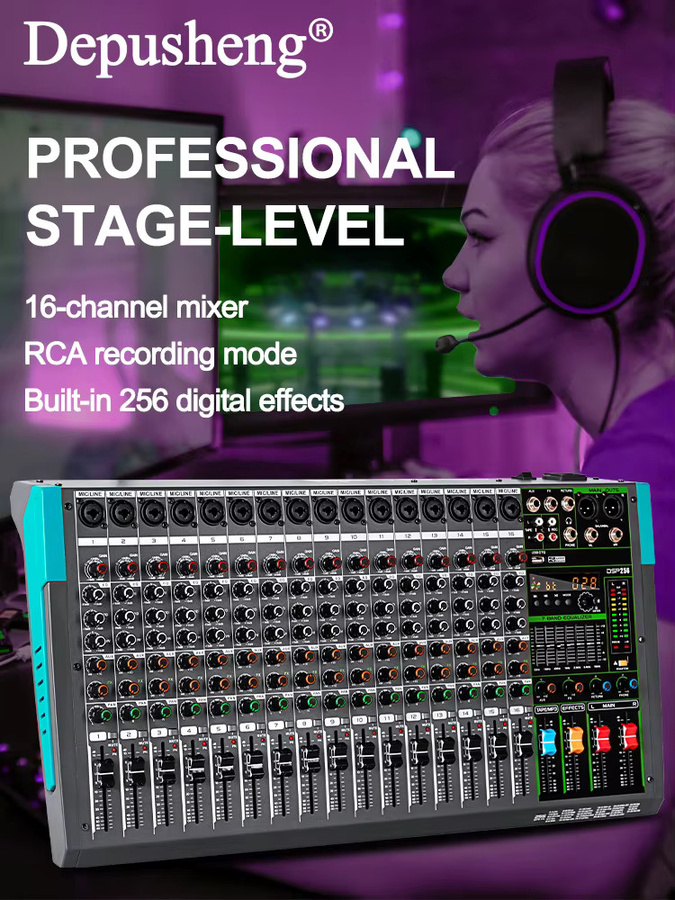 Depusheng Audio-Soundmixer DJ-Konsole mit USB, 48V Phantomspeisung und 256 DSP-Effekten in Schwarz - Bild 6