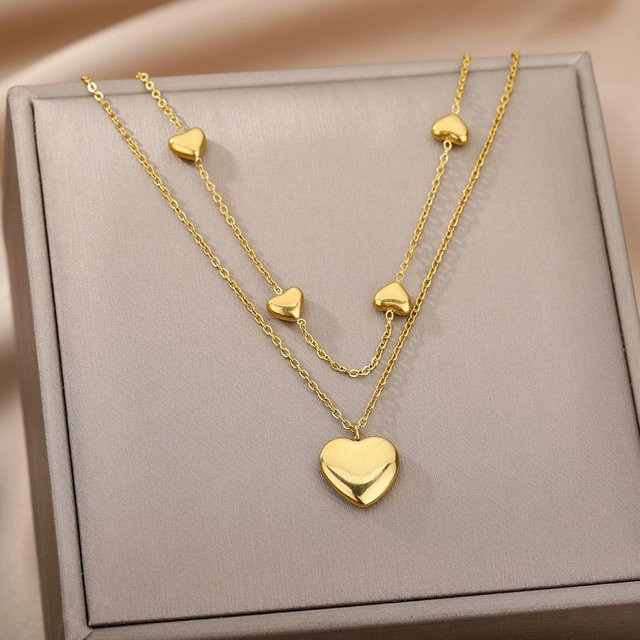 YIRAN Halskette Multilayer Herz, Edelstahl, Gold, 45cm, Damen - Bild 1