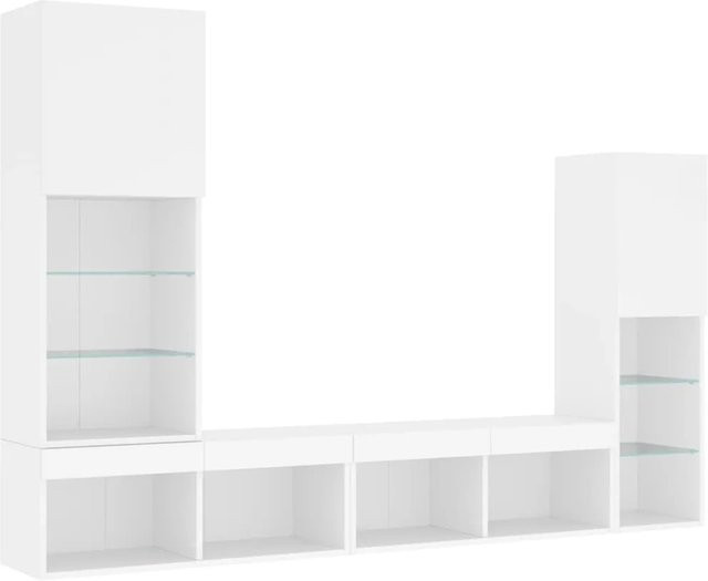 vidaXL 4-teilige moderne Wohnwand mit LED-Beleuchtung in Weiß aus Holzwerkstoff und Glas, wandmontiert - Bild 1
