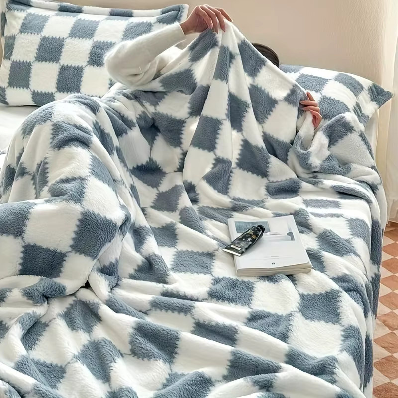 VIKAMA Koreanische Decke mit Karomuster in Weiß, weich und waschbar für Sofa, Bett oder Büro - Bild 1
