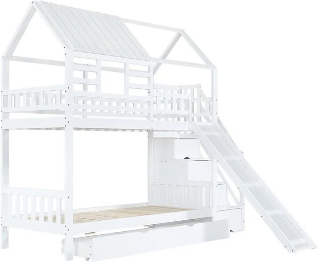 KOMHTOM Etagenbett Hausbett für Kinder aus Kiefer in Weiß mit Treppe, Rutsche, Fenster, Dach, Stauraum und Schubladen, B/T/H: 223 x 90 x 213,5 cm - Bild 1