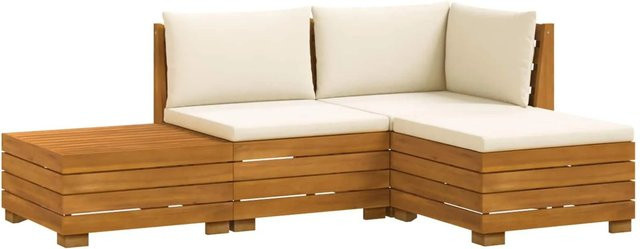 vidaXL Outdoor-Sofagarnitur aus Massivholz Akazie in Braun mit 4 Teilen und cremeweißen Kissen, L-Form - Bild 1