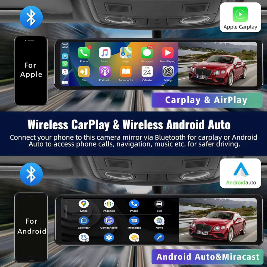 Maxtoss 11,26 Zoll 4K Dashcam mit Carplay und Android Auto, Dual Objektiv DVR mit Wifi, GPS, Bluetooth und FM-Transmitter, Schwarz - Bild 3