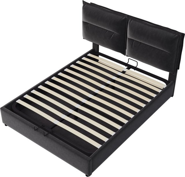 Merax Polsterbett aus Samt mit hydraulischem Lift-up-System in Schwarz, B/T/H: 141 x 203 x 113 cm (Matratze nicht enthalten) - Bild 1