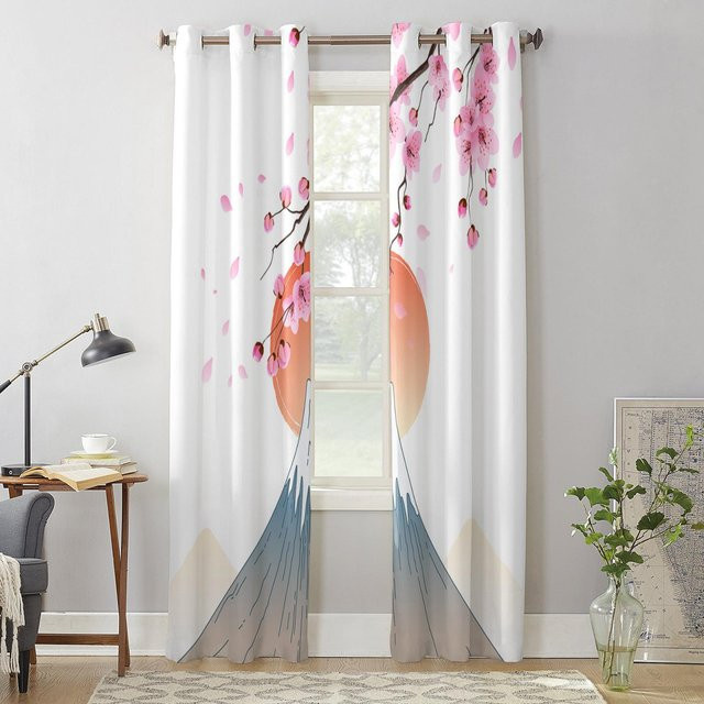 Moderne Fenstergardine Super Six im japanischen Stil mit Mt. Fuji und Sakura Motiv, Farbe Weiß, B/H: 135 x 60 cm - Bild 1