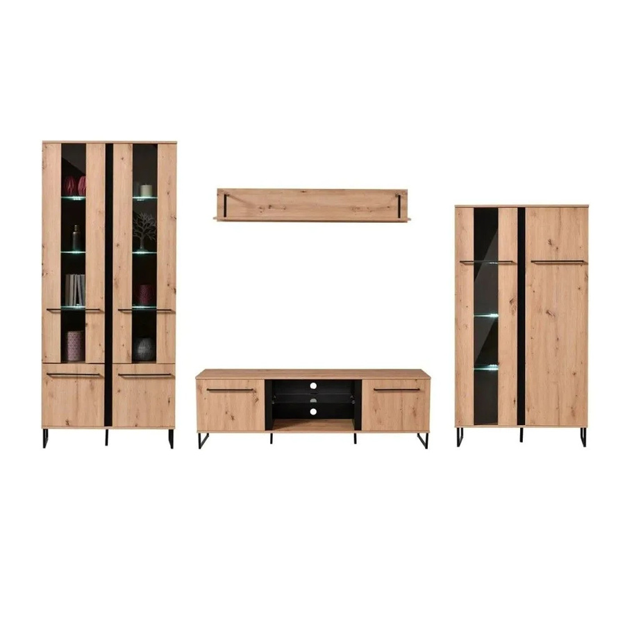 Homestyle4u Wohnwand modern in Eiche und Schwarz mit Lowboard, Vitrine und Regalen, B/T/H: 221,3 x 42,0 x 193,0 cm - Bild 2