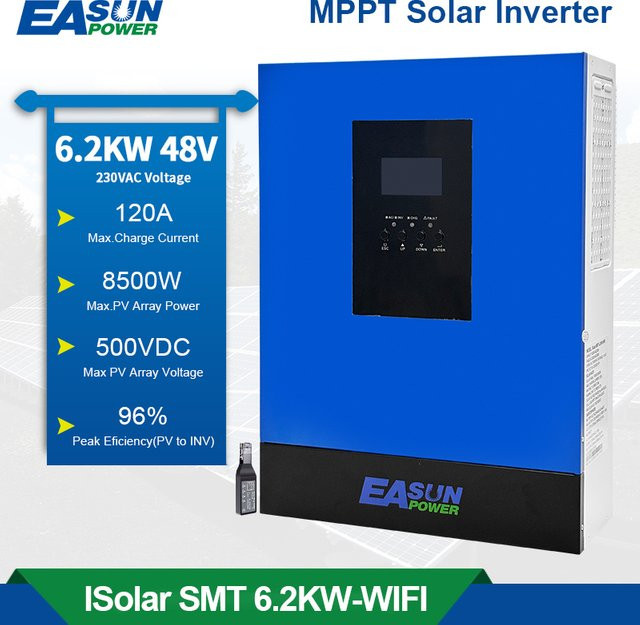 EASUN Hybrid-Solarwechselrichter 6,2kW mit MPPT 120A, 450VDC PV-Eingang, 220VAC, 48VDC, reiner Sinuswelle und WLAN in Blau - Bild 1