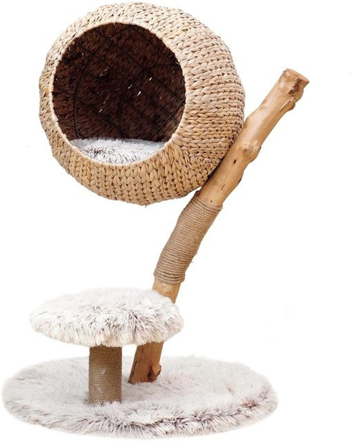 Fudajo Kratzbaum im Zweigdesign aus Birnbaumholz mit Katzenkorb in Beige und Creme-braun, Höhe: 83 cm - Bild 1