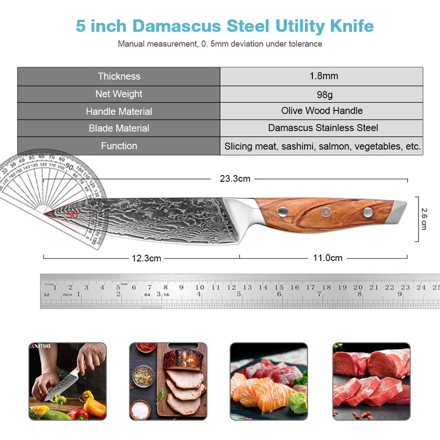Xituo Damaskus Kochmesser aus 67-lagigem Stahl mit Olivenholzgriff in Braun, 12,7 cm - Bild 2
