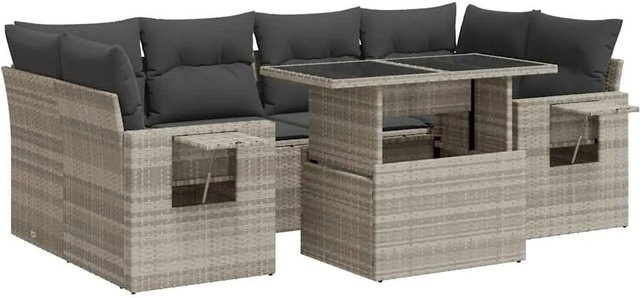 vidaXL 7-teilige Garten-Sofagarnitur in L-Form aus Polyrattan mit Kissen und Couchtisch, Hellgrau - Bild 1