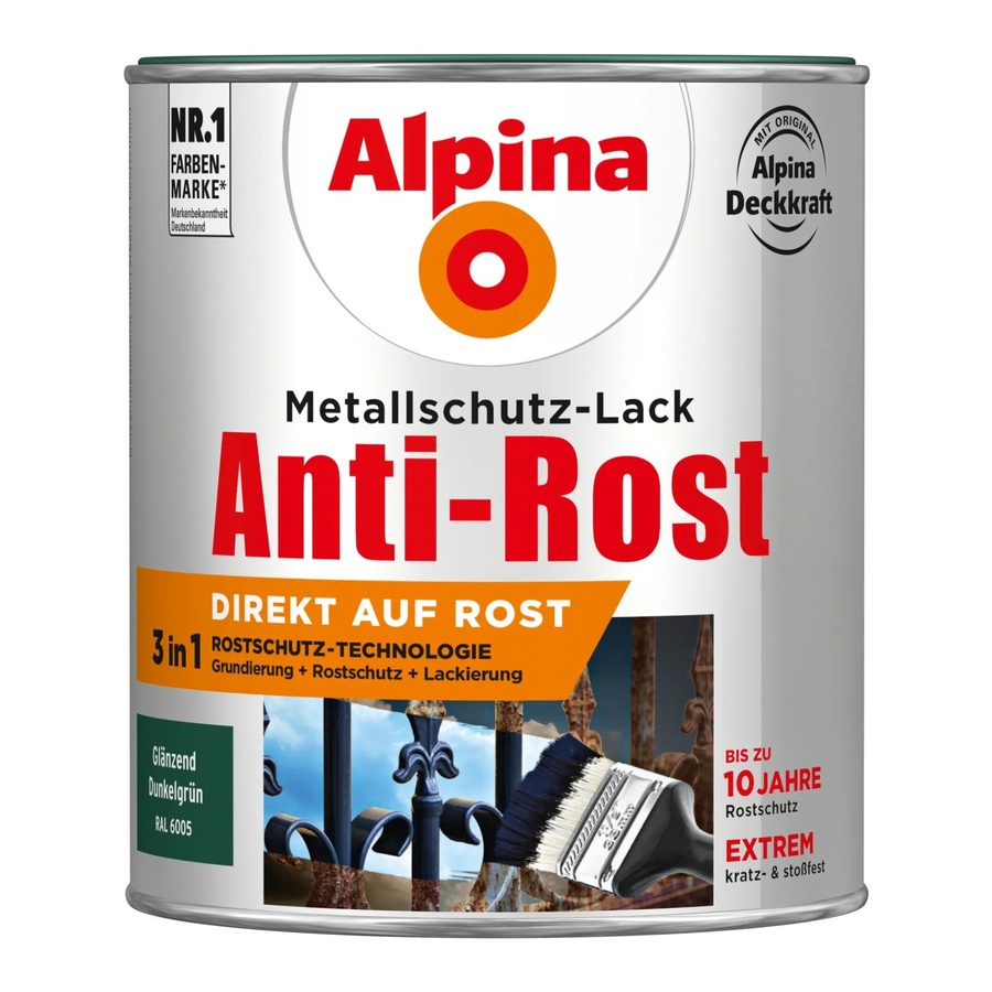 Alpina Metallschutz-Lack Anti-Rost Dunkelgrün glänzend 750 ml - Bild 2