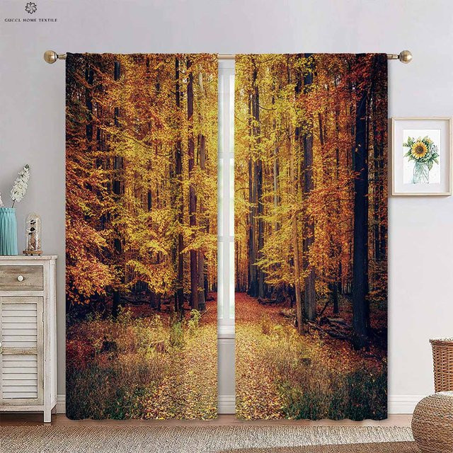 Yiran Furniture Dekorative Vorhänge Grüner Herbstwald mit 3D-Druck und Tyndall-Effekt, 2er-Set, halbtransparent, Farbe: Grün/Mehrfarbig, B: 50 cm, H: 130 cm - Bild 1