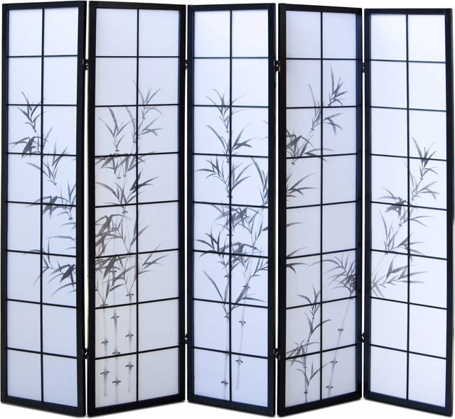 Homestyle4u 5-tlg. Shoji Paravent mit Bambusmotiv in Schwarz, Höhe: 220 cm, Breite: 179 cm - Bild 1