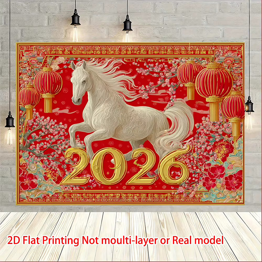 VIKAMA Wandteppich Jahr des Pferdes 2026 mit floralem Design und Tierillustration in Rot, B/H: 60 x 40 cm - Bild 3