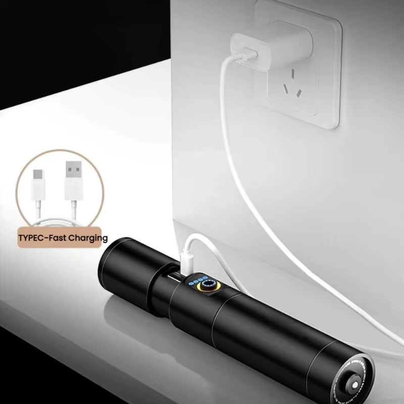 Wasserdichte LED-Taschenlampe aus Aluminiumlegierung mit USB-C-Aufladung und Teleskop-Zoom in Schwarz - Bild 2