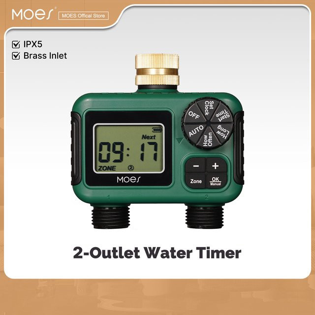 MOES 2-Auslass-Wassertimer mit Messing-Einlass, LCD-Display und IPX5 Wasserdichtigkeit für deine Gartenbewässerung - Bild 1