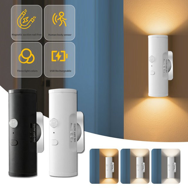 VooVoo LED Wandleuchte mit PIR-Bewegungssensor, wiederaufladbare Up- und Down-Nachtlicht-Lampe in Weiß für Schlafzimmer, Flur und Treppen - Bild 1