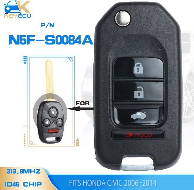 KEYECU Fernbedienungs-Schlüsselanhänger N5F-S0084A 313,8 MHz ID46 für Honda Civic, Schwarz - Bild 1