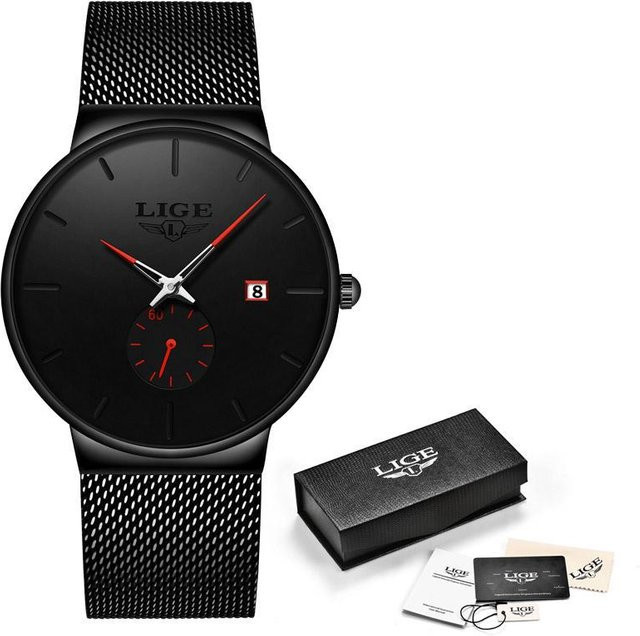 LIGE Armbanduhr, Quarz, Edelstahl, Schwarz, 42 mm, Unisex - Bild 1
