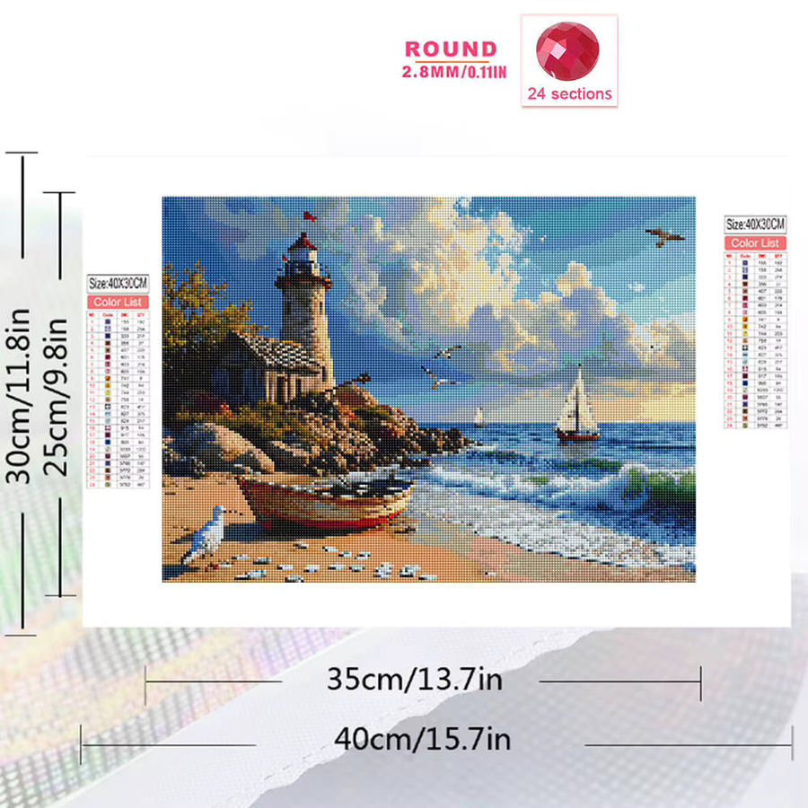 YUTTEE DIY Diamant Malerei Set Maritime Landschaft mit Schiff und Leuchtturm, Mosaik Handwerk Kit für Erwachsene, Mehrfarbig - Bild 2