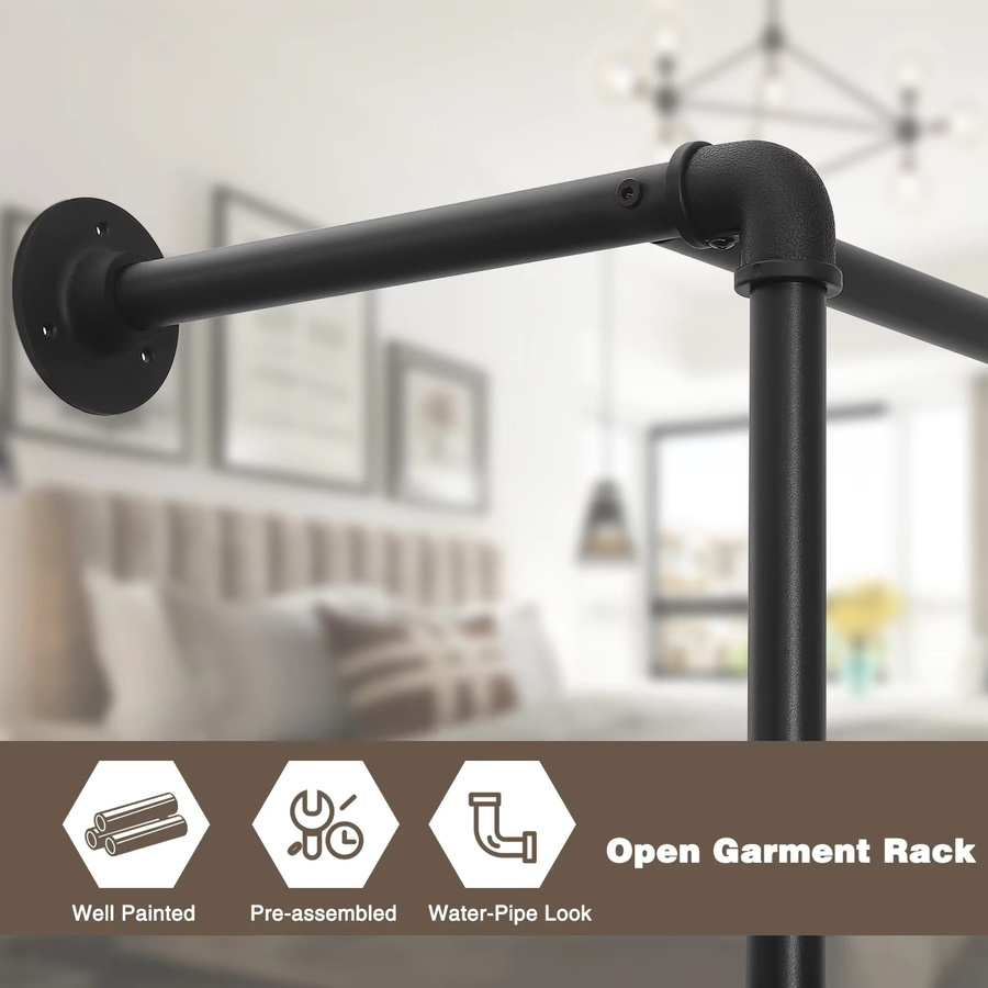 WOLTU Kleiderschrank zur Wandmontage im Industrial Design mit Kleiderstange aus Metall und MDF-Hängeregal, Schwarz - Bild 3