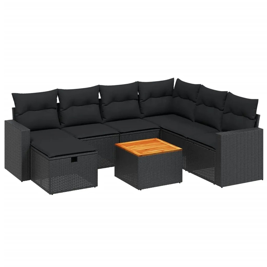 vidaXL 8-tlg Garten-Sofagarnitur in L-Form aus schwarzem PE-Rattan mit Kissen und pulverbeschichtetem Stahlgestell - Bild 2