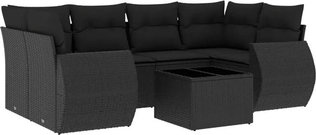 vidaXL 7-teilige Garten-Sofagarnitur in L-Form aus schwarzem Poly-Rattan mit wetterfesten Kissen und pulverbeschichtetem Stahlgestell - Bild 1