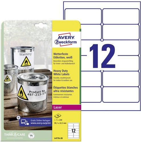 Avery Zweckform L4776-20 Laser Folien-Etiketten, Weiß, Polyester, 20 Stück, Breite: 99,1 mm, Höhe: 42,3 mm - Bild 1