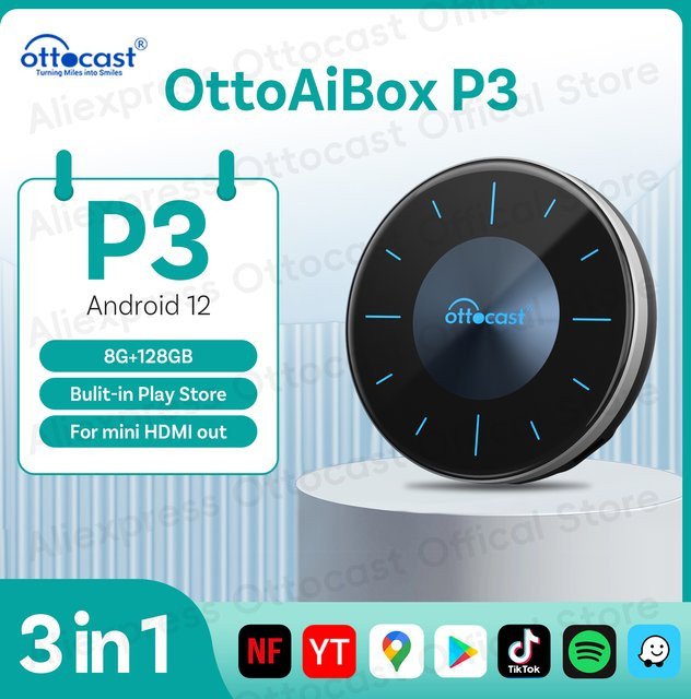 OTTOCAST P3 Android AI Box mit HDMI Out für Wireless CarPlay und Android Auto in Schwarz - Bild 1