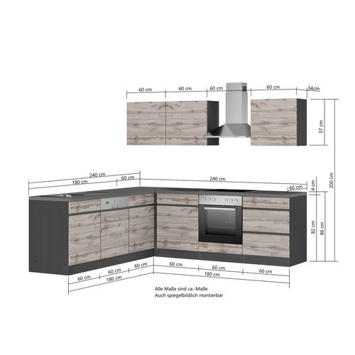 Winkelküche Tampa von HELD MÖBEL in Braun und Grau mit Melaminharz-beschichteter Arbeitsplatte, B: 240 cm, T: 60 cm, H: 200 cm - Bild 2